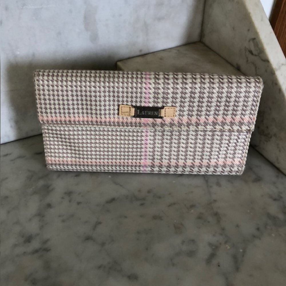 RALPH LAUREN Long Tweed Wallet Cream Pink Gray